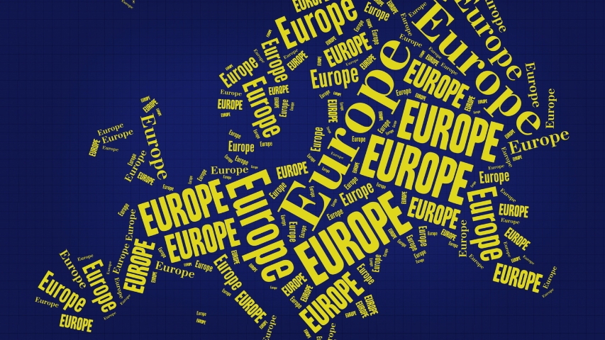 Diseño de mapa de la Unión Europea con la palabra EUROPE que lo llena todo con fondo azul